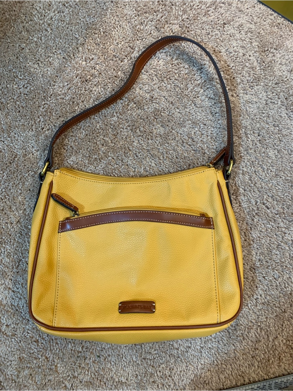 Yellow Leather Shoulder Bag with Brown Trim